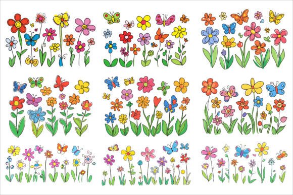 Cartoon Flowers Butterflies Vector