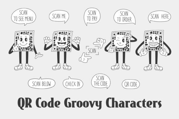 QR Code Groovy Characters Instruction and Retro Cartoon Groovy QR Code Characters
